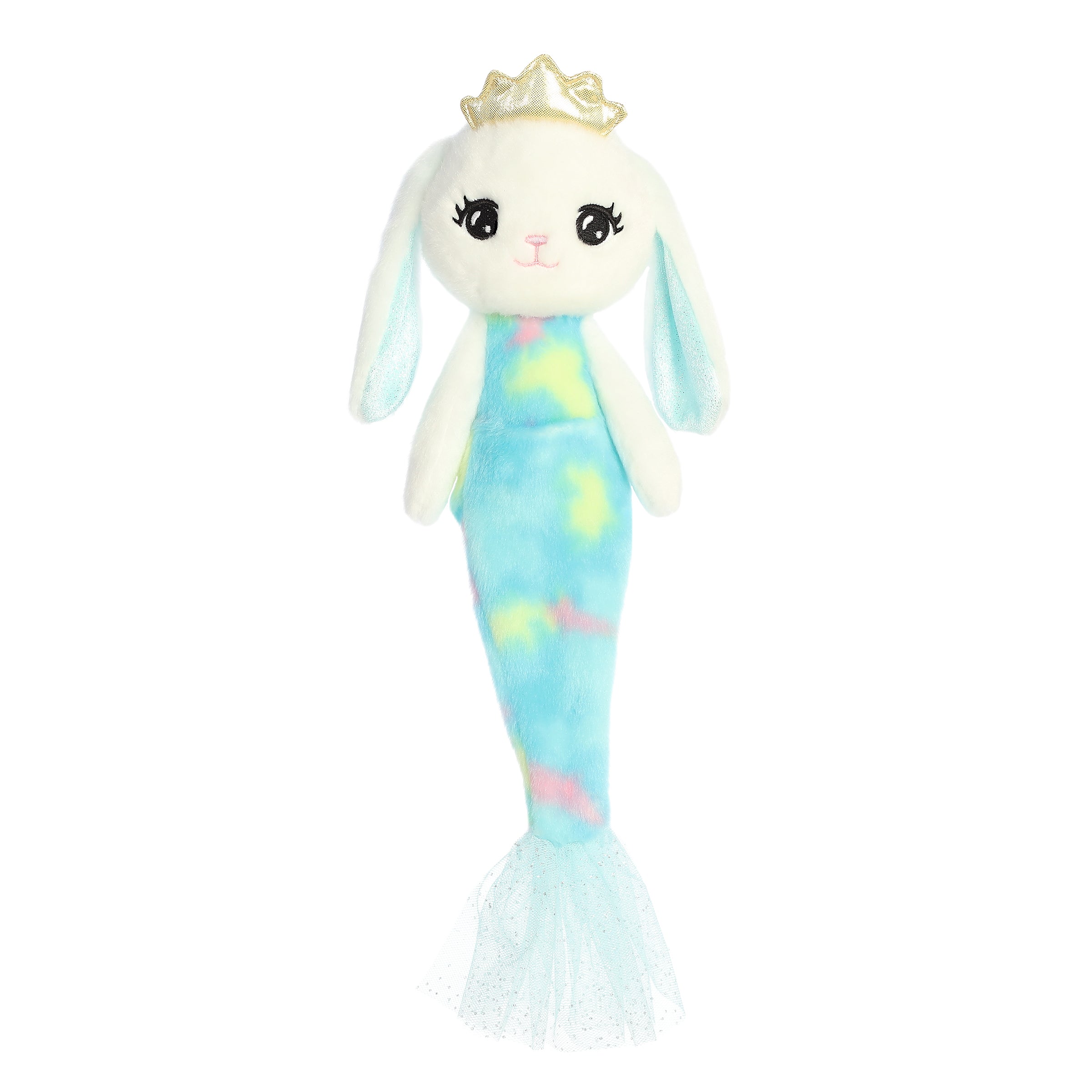 Bright white Merbunny plush with bunny ears & mermaid tail in sea green tulle, epitomizing ocean whimsy.