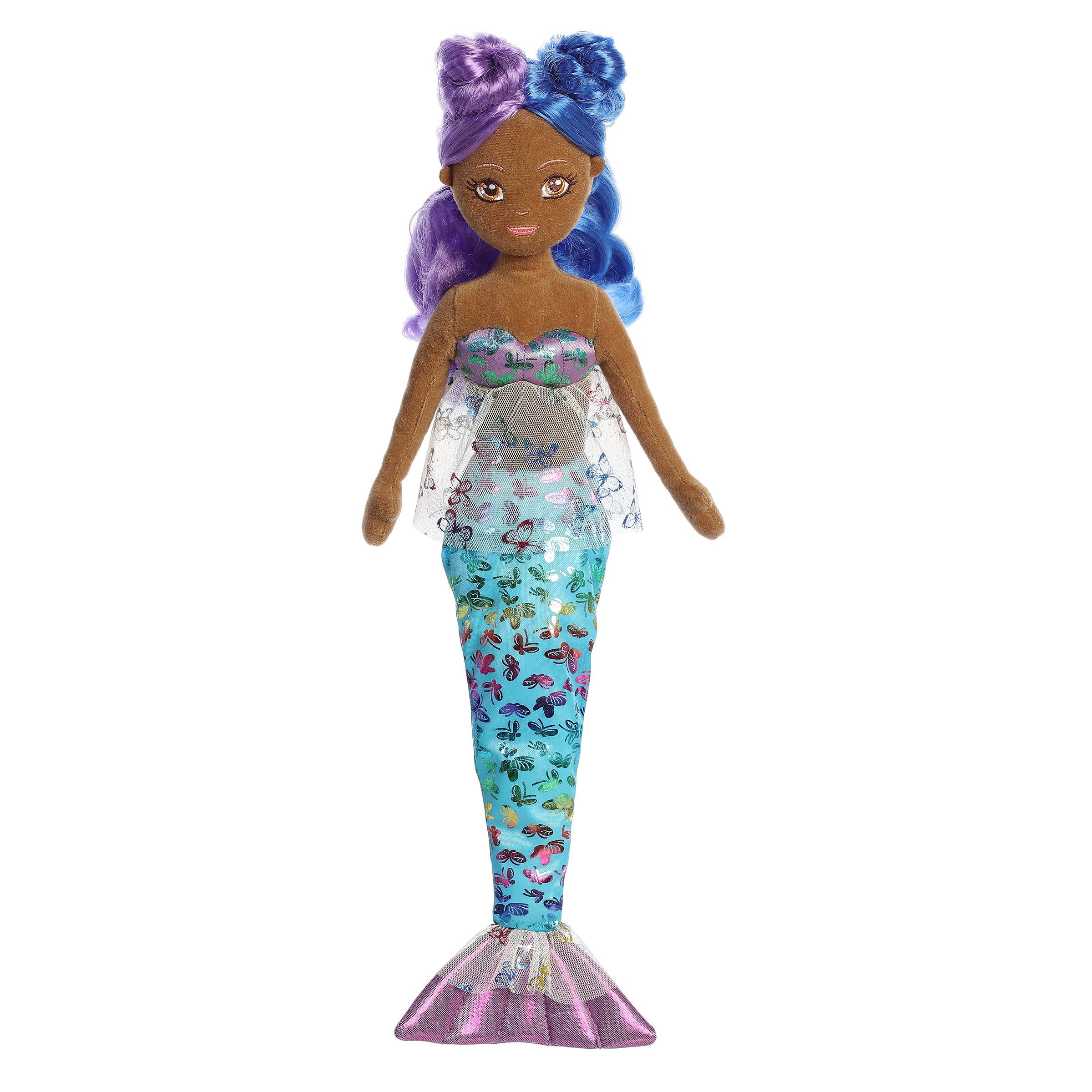 Mermaid plush doll, glowing with a blue and purple tail, showcasing the enchantment of the Sea Sparkles collection.