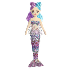 Mermaid plush doll with vibrant dual-colored hair and a swirling purple and pink tail, part of Sea Sparkles enchantment.