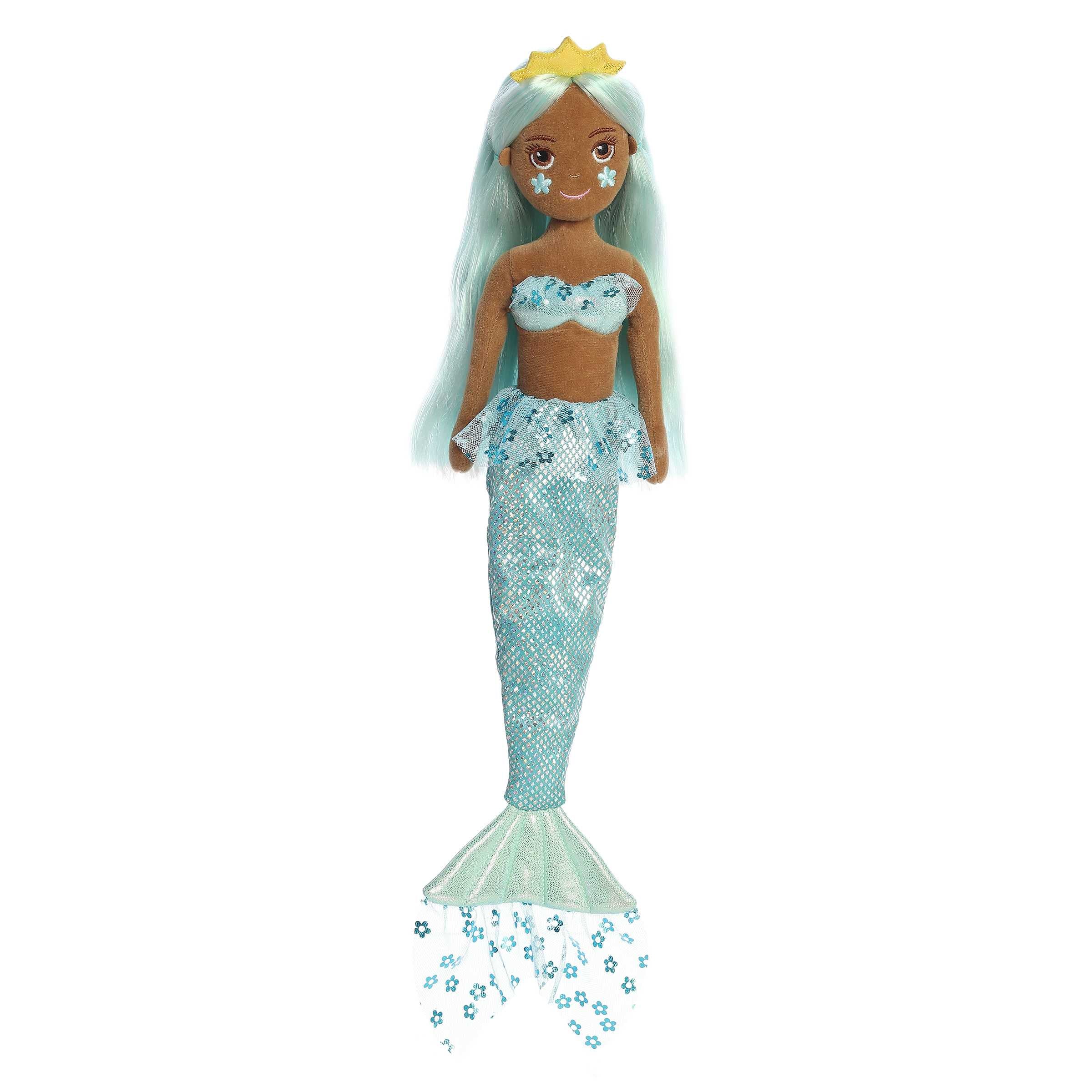 Blue floral mermaid plush, Aqua Fleur, with a shimmering tail and tiara, ideal for serene play and stylish decor.