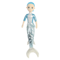 Quinn mermaid plush with silver tail and blue hair, perfect for ocean enthusiasts and adding cool to collections.