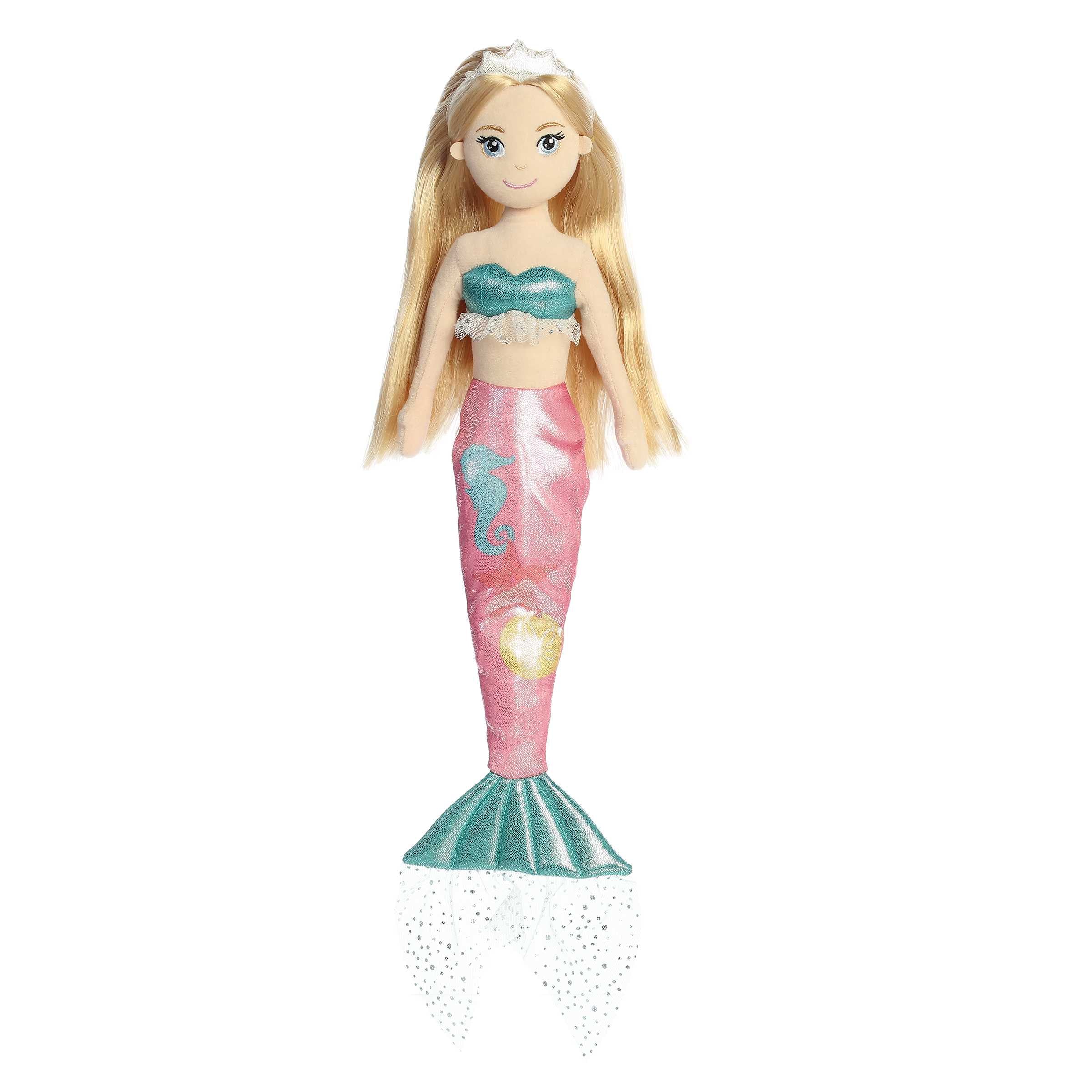 Sandy mermaid plush, embodying sunset and sea beauty, perfect for those who love ocean serenity.