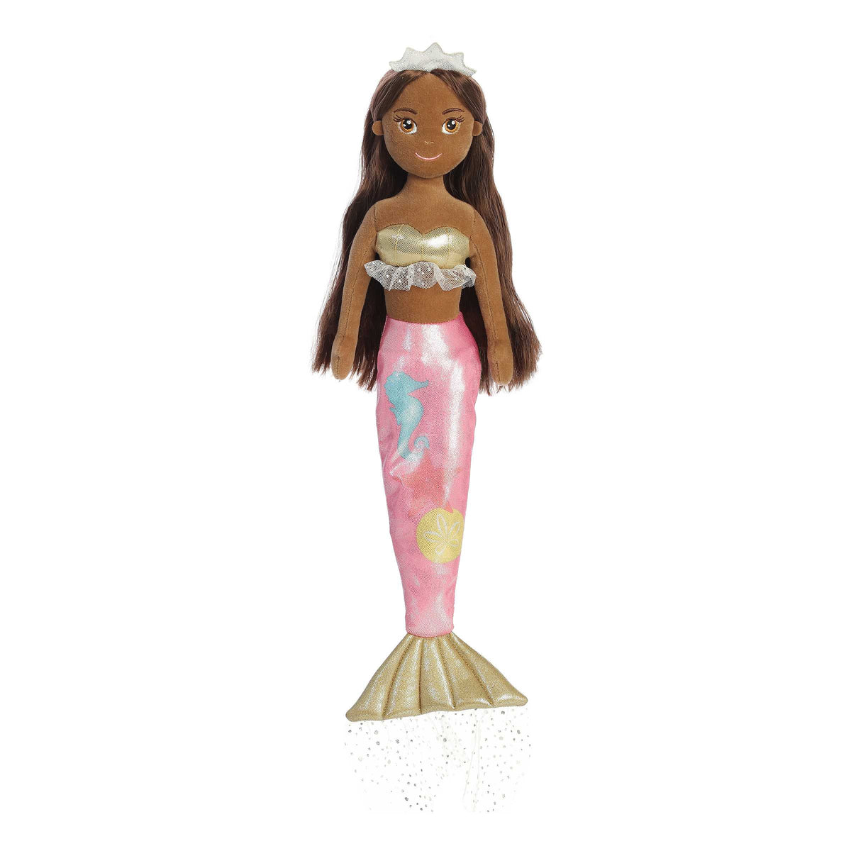 Seychelles mermaid plush with radiant pink tail and tiara, ideal for fantastical play and oceanic magic.