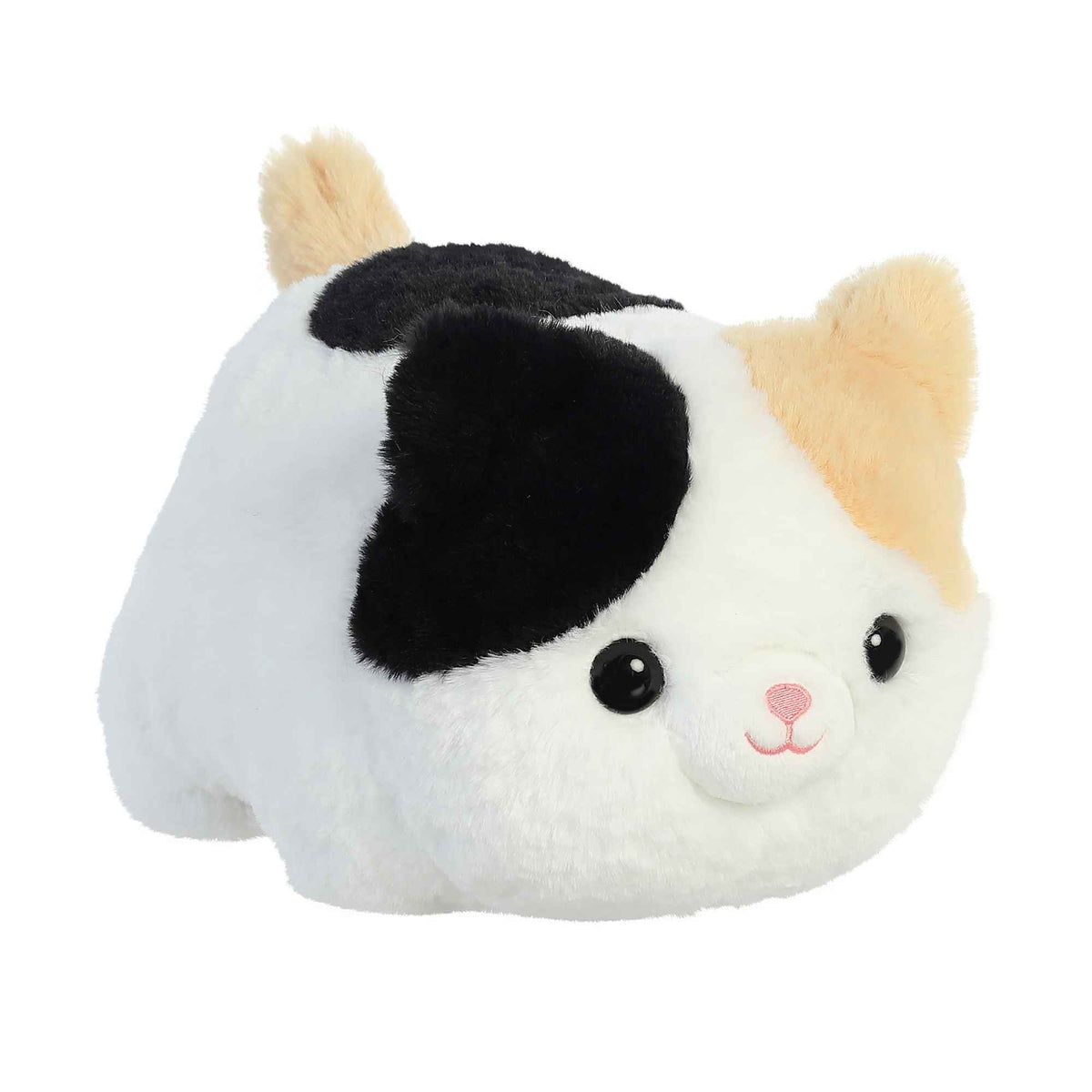 Callie Cat plush from the Spudsters collection by Aurora, with black and tan coloration on a plush white body