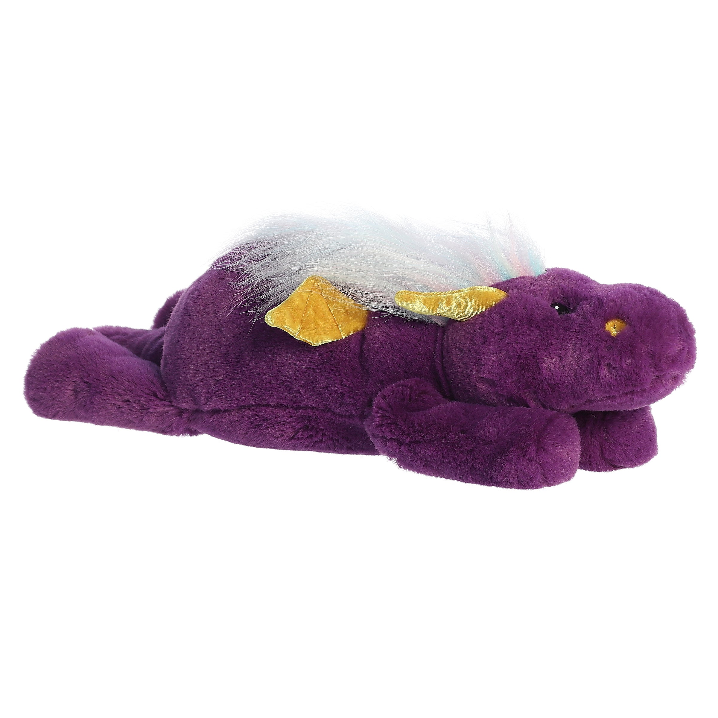 Purple Dragon plush resting flat, highlighting its deep purple body, cheerful yellow wings and horns, and long rainbow hair.