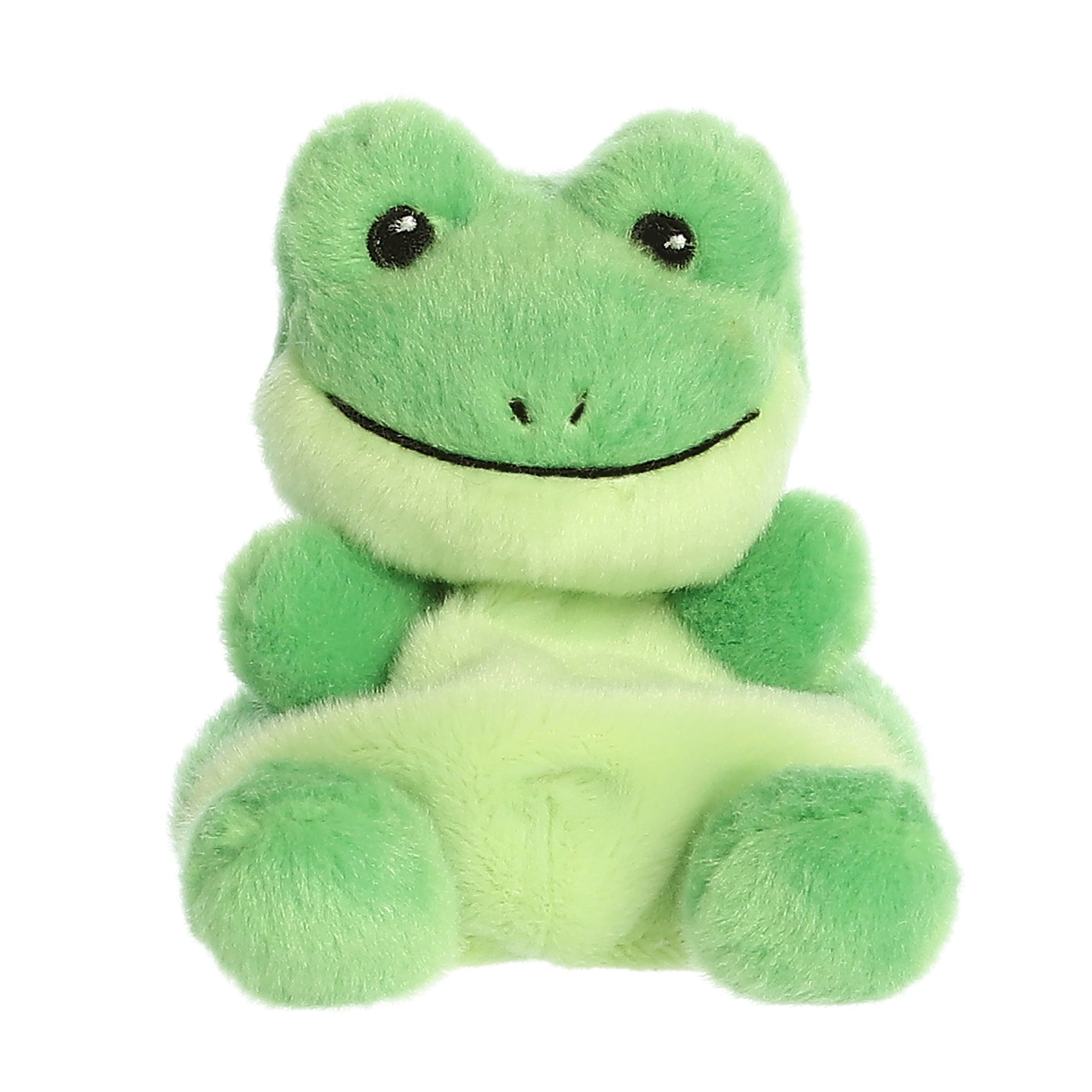 Frog plush from Palm Pals, sporting a radiant green hue, smiling widely and invitingly for endless play and snuggles.