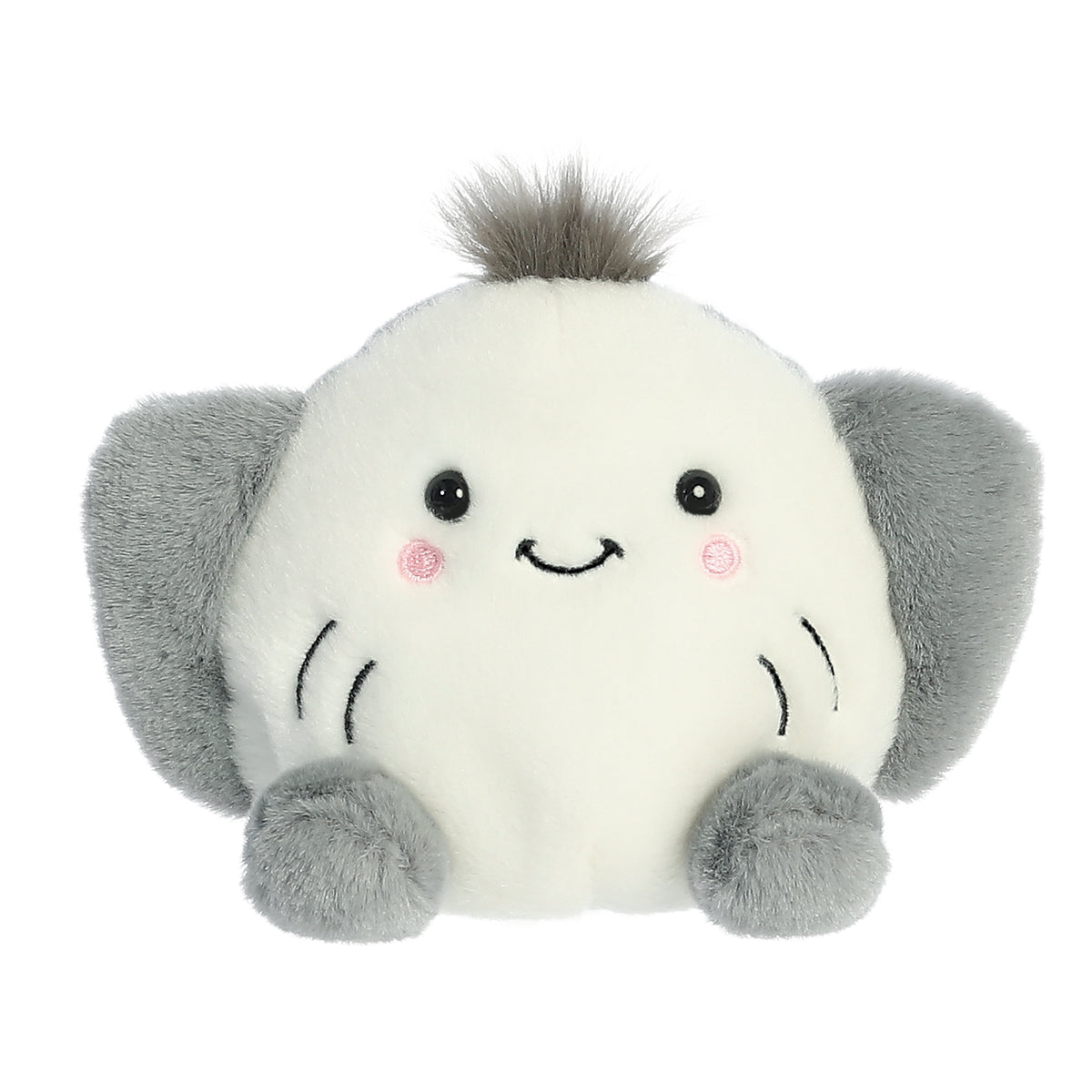 Stingray plush from Palm Pals, featuring a unique black patch of hair and soft gray hues, ready for heartwarming snuggles.