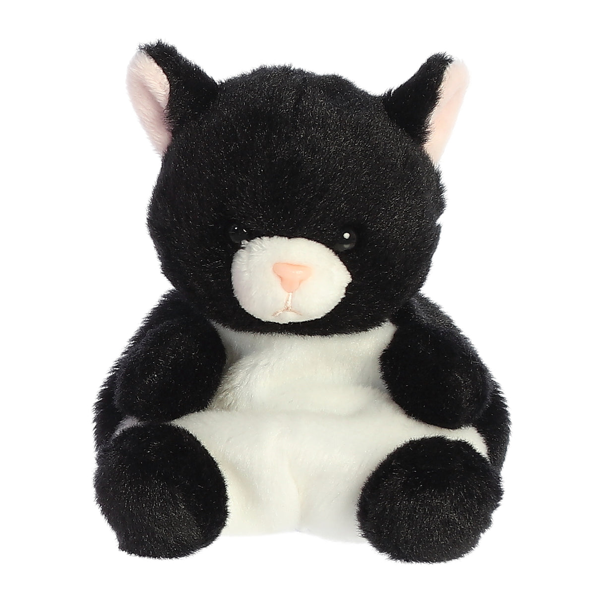 Cat plush from Palm Pals, flaunting a black and white coat with pink accents, poised for heartwarming cuddles and play.