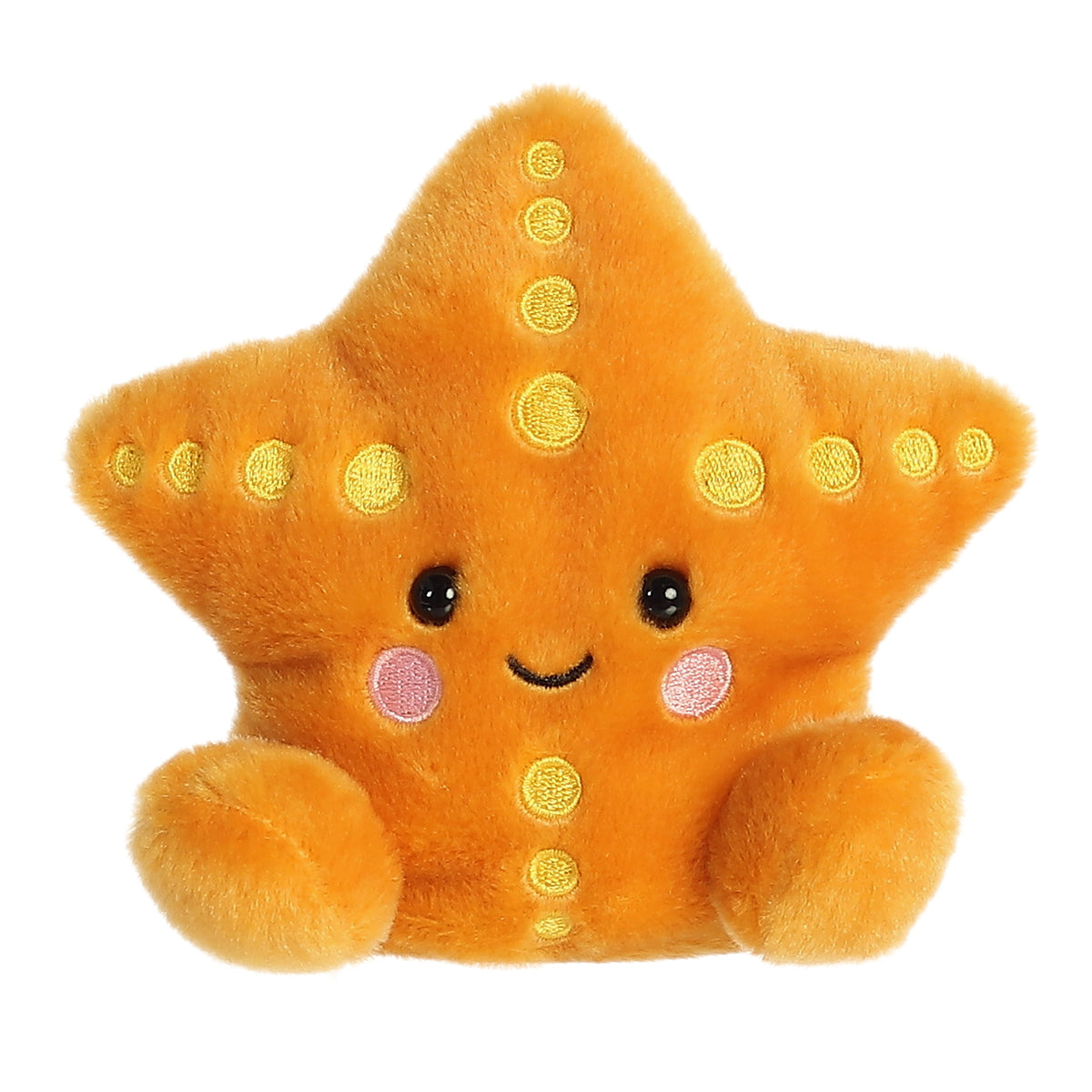 Starfish plush from Palm Pals gleaming in a golden hue with vibrant yellow details, and fits in the palm of your hand.