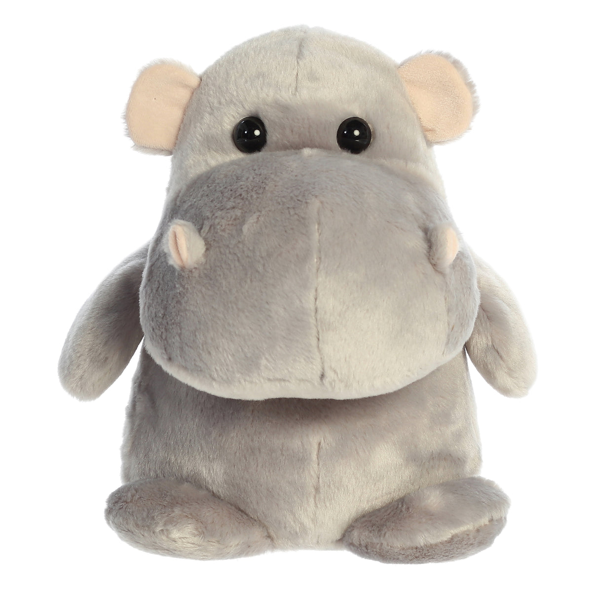 Hippo plush toy with a prominent snout, sporting a cozy light gray coat, and cute pale hippo plush ears.