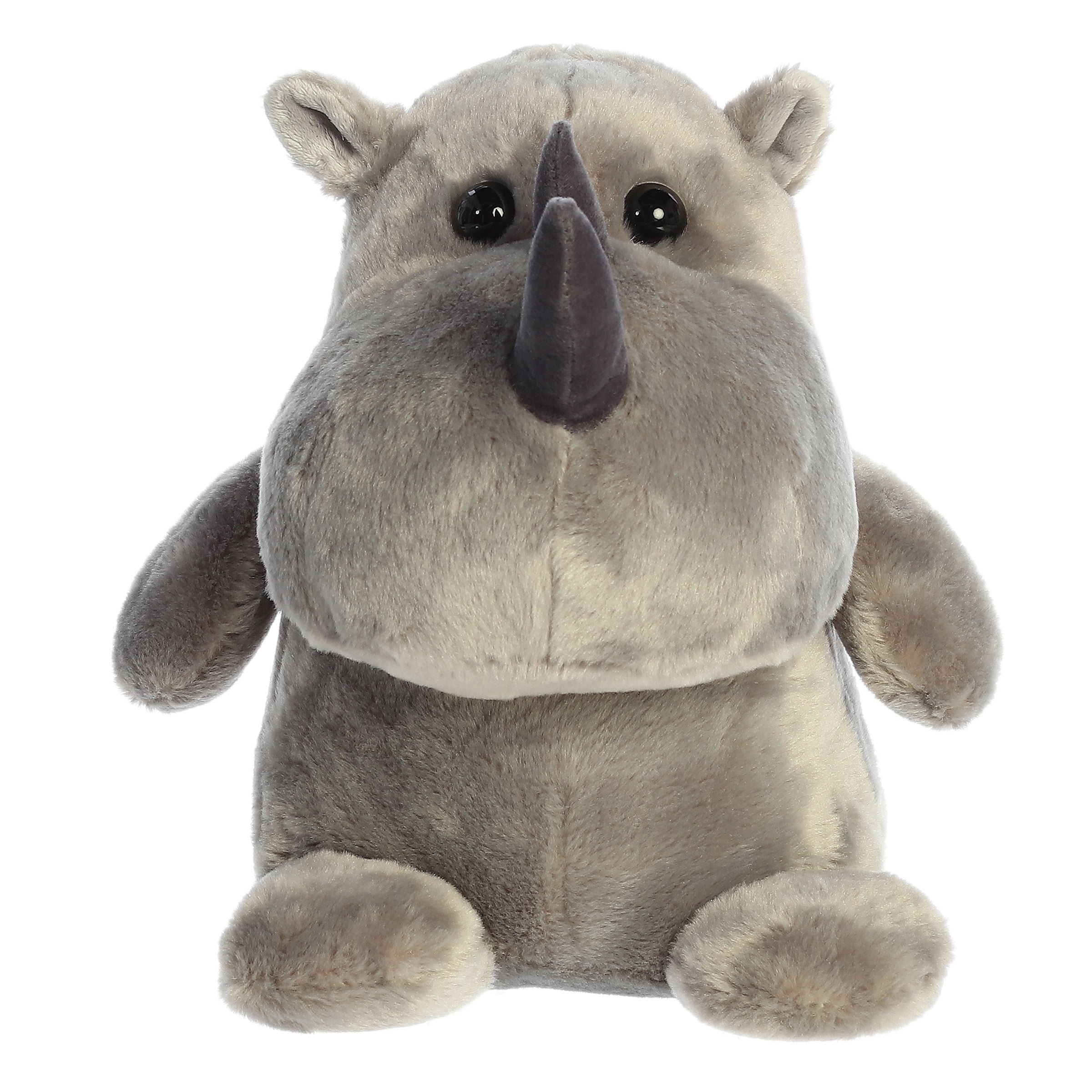 Rhino plush in a dark gray coat, showcasing a prominent snout and majestic horn, from Happy Hippo And Friends collection.
