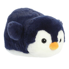 Adorable round navy penguin stuffed animal with stubby legs, yellow beak, and tiny wings flaring out on the side.
