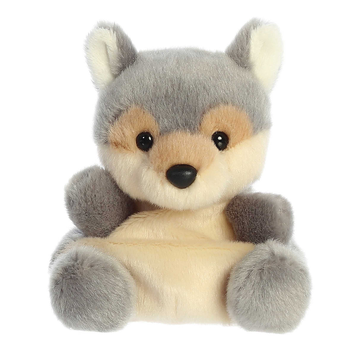 Adorable cute wolf Stuffed animals with mini body and light brown and gray fur, white fur on ears and black eyes and nose.