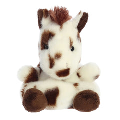 Adorable cute horse plush toy with mini body, white fur with brown spotted design, brown fur on mane and tail.