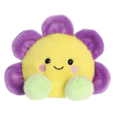 Soft mini Flower plush toy with colorful yellow, purple and green fur body, and embroidered smiling face with pink accents.