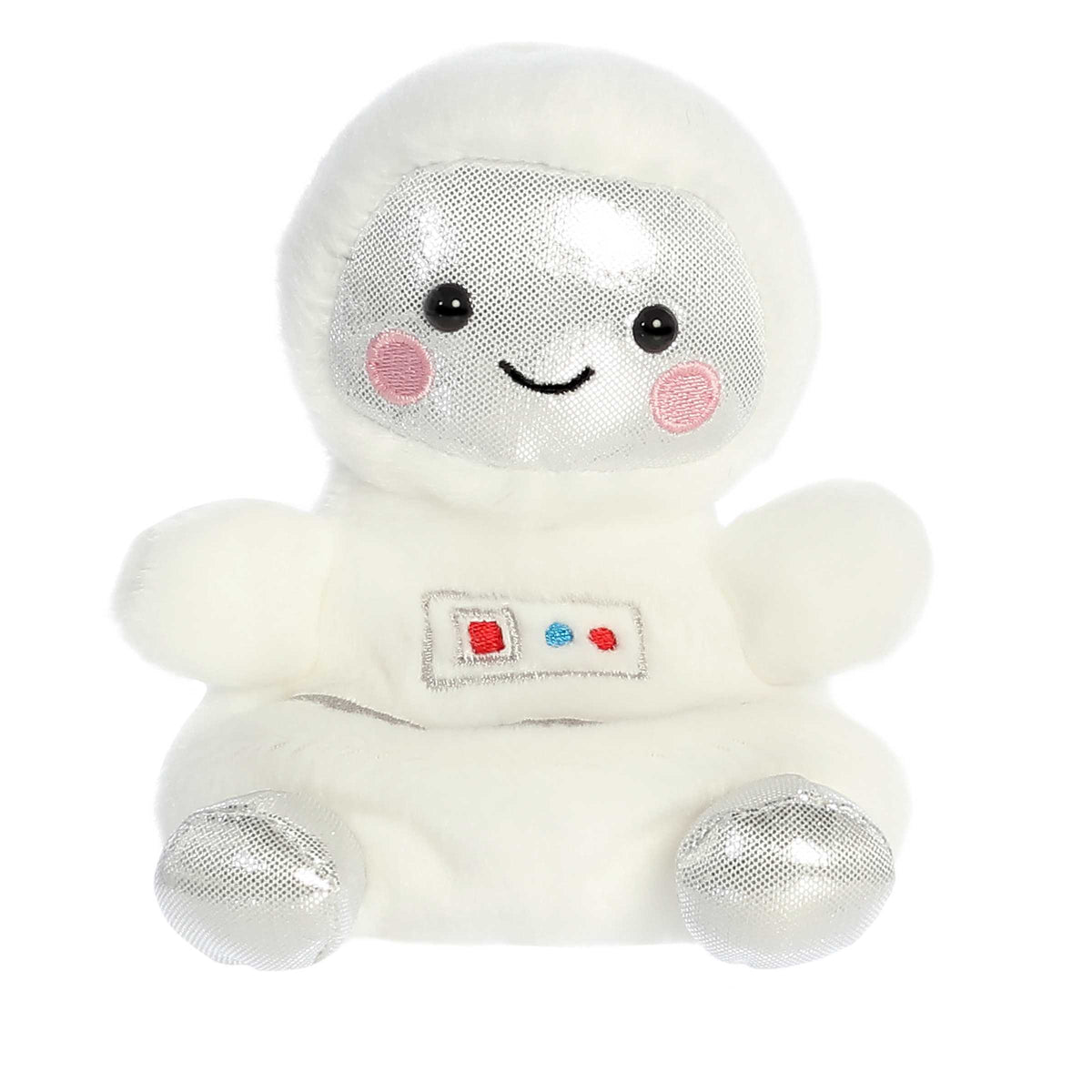 Cute mini Astronaut plush toy with soft white body, shiny silver accents on face and legs, and smiling face with pink accent