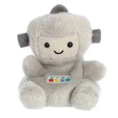 Cuddly tiny robot plush toy with light gray soft fur, colorful embroidery pattern in the middle, and a smiling face design