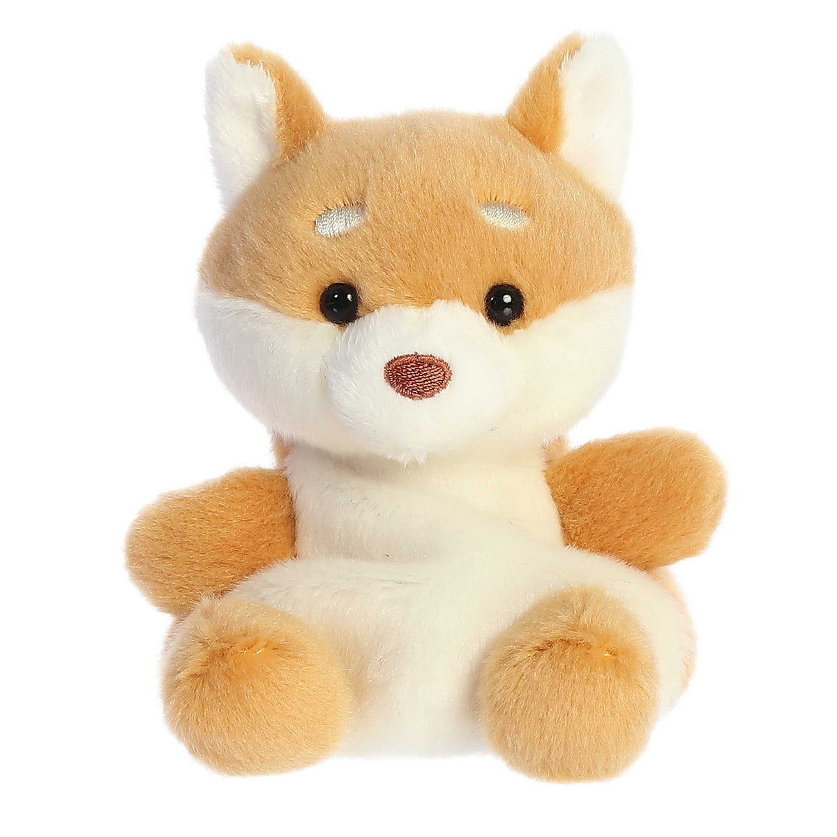 Tiny Keiko Shiba Inu Stuffed animals plush dog with brown and white soft fur body, dark brown nose and white accents over eyes