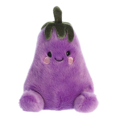 Cute cuddly eggplant plush toy with soft purple fur body, embroidered smiling face design with pink accents, and green stem.