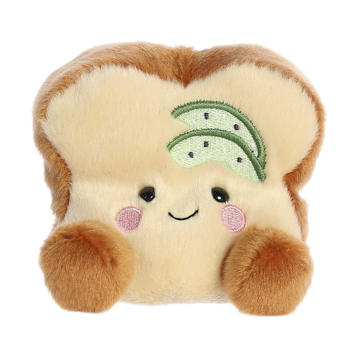 Cute cuddly avocado toast plush with brown fur body, dark brown toes, and green avocado slices design on the middle.