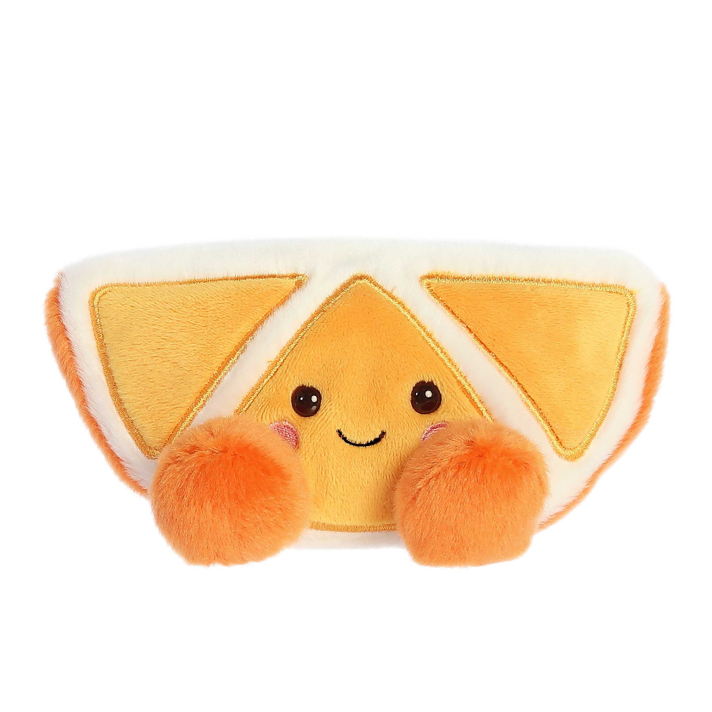 Cute soft mandarin fruit plush toy with orange and white fur body, orange toes, and a smiling face embroidery in the middle