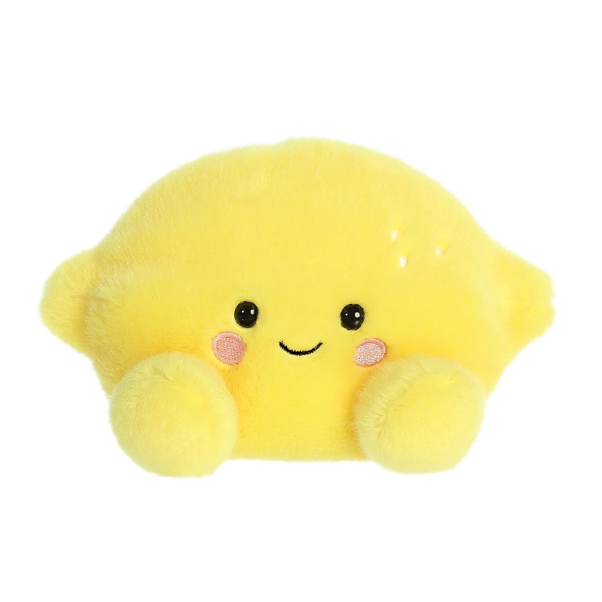 Cute mini lemon shaped plush toy with soft and bright yellow fur, white accents on the front, and a smiling face embroidery.