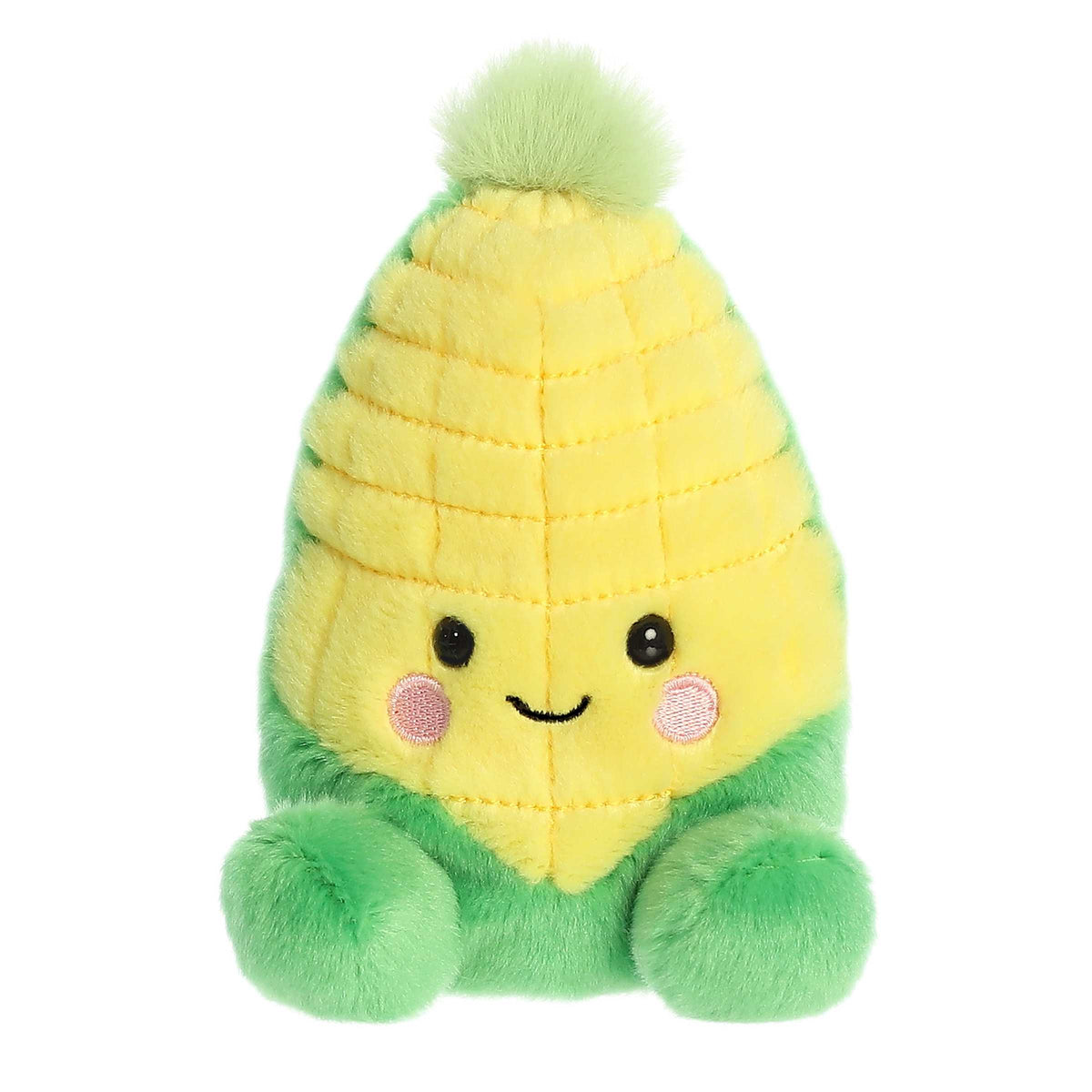 Cuddly mini corn shaped plush toy with bright yellow and green fur body, light green tassel and textured design at the front.