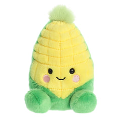 Cuddly mini corn shaped plush toy with bright yellow and green fur body, light green tassel and textured design at the front.