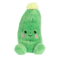 Cuddly mini cucumber shaped plush toy with soft green fur body, textured design, smiling face embroidery and a yellow tassel
