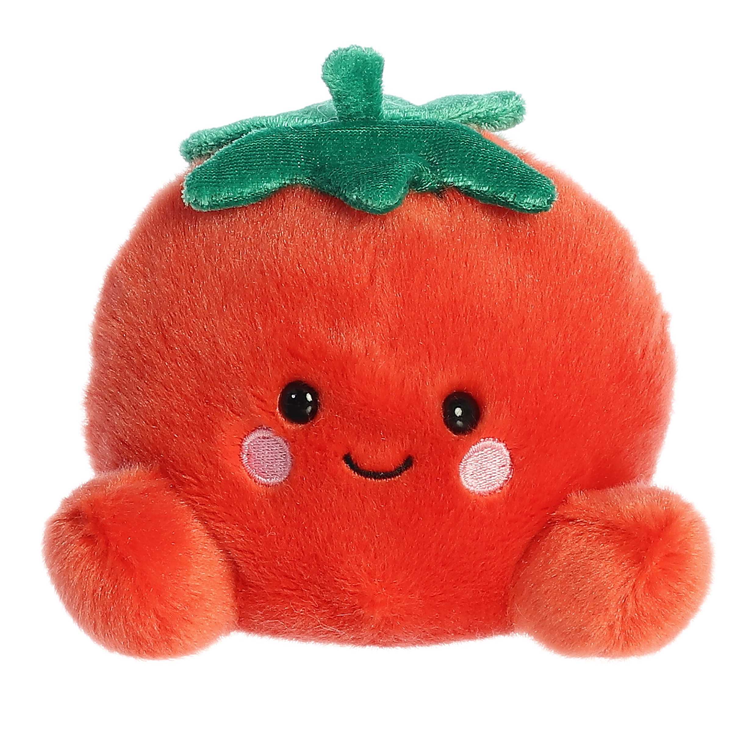 Playful mini tomato shaped plush toy with red fur body filled with bean pellets, green crown stem, and a smiling face design.