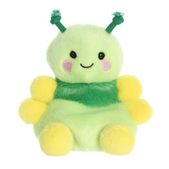 Tiny caterpillar plush toy with green and yellow fur body filled with bean pellets, a smiling face, and green antennae on top