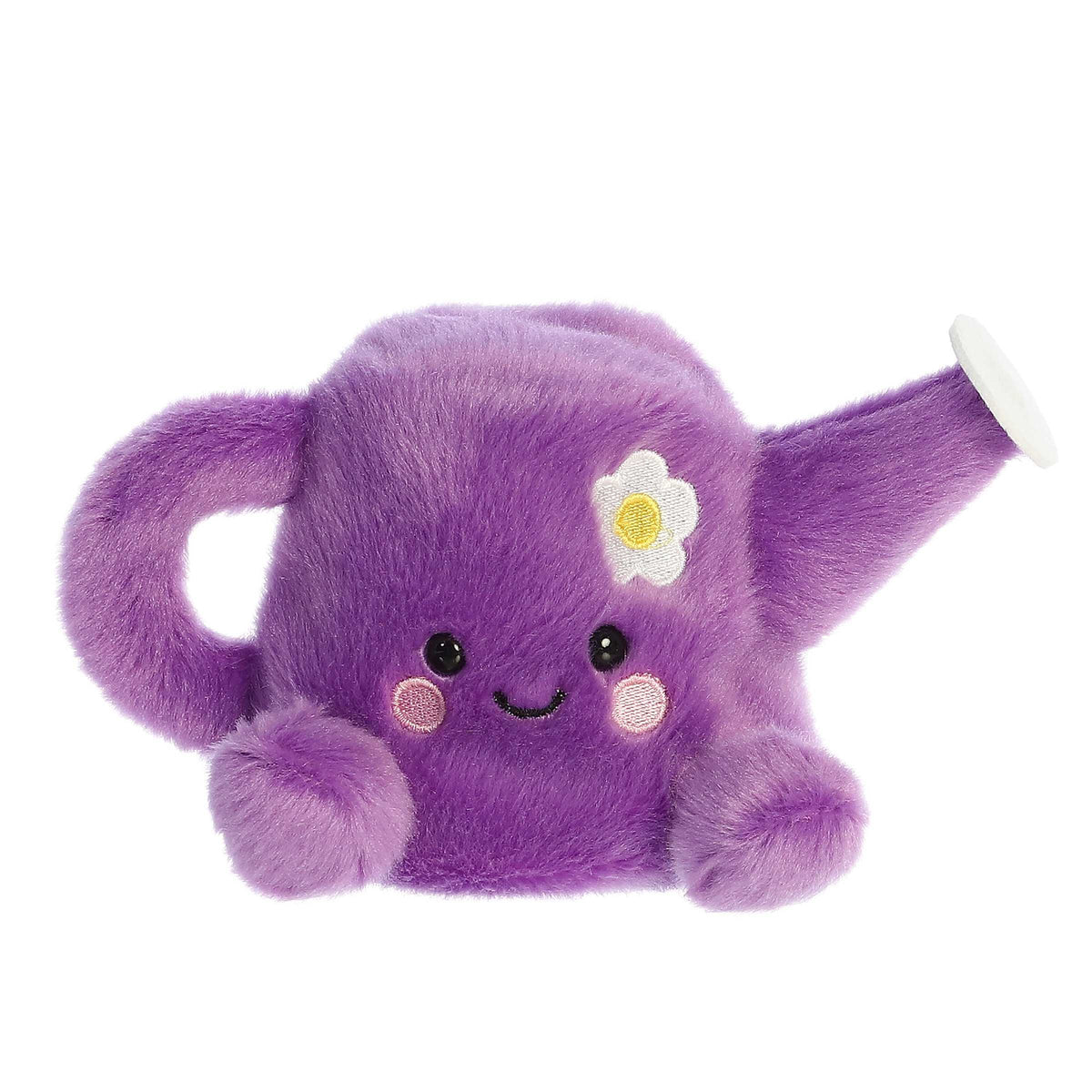 Tiny flower watering can plush toy with purple fur body filled with bean pellets, a white flower and smiling face embroidery