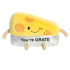 Colorful cute cheese slice shaped plush toy with a yellow and silver soft body, dark yellow accents, and a wink expression