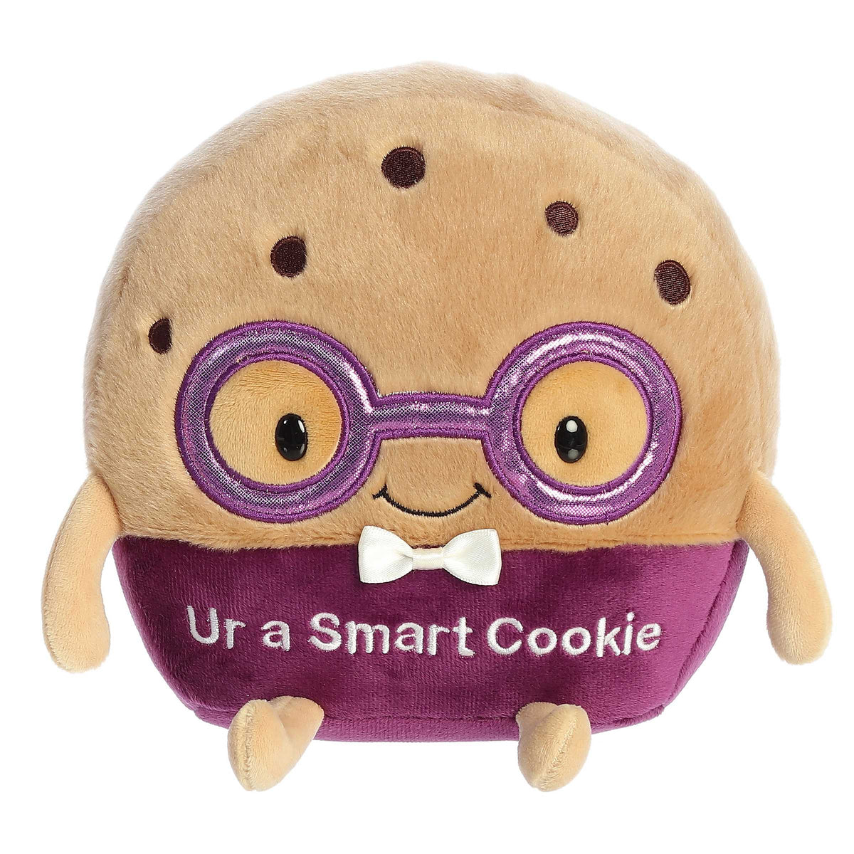 Cute cookie shaped plush toy with a light brown body, filled bean pellets, and embroidered purple glasses over a smiling face