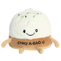 Cute bao shaped plush toy with a white and brown body, filled bean pellets, and a smiling expression with detailed embroidery