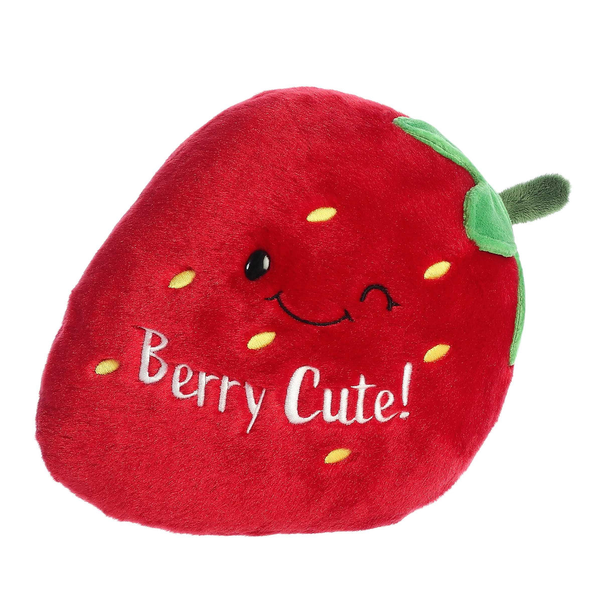 Huggable strawberry plush with red body, yellow and green detailing, "Berry Cute!" pun written across and a wink expression