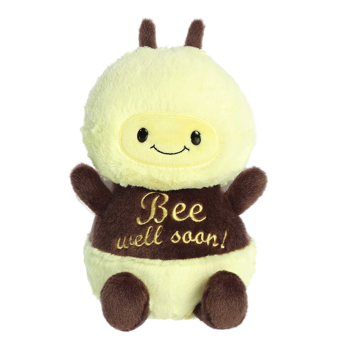 Huggable bee plush toy with a yellow and brown body, silver wings on its back, and a "Bee Well Soon!" pun written across