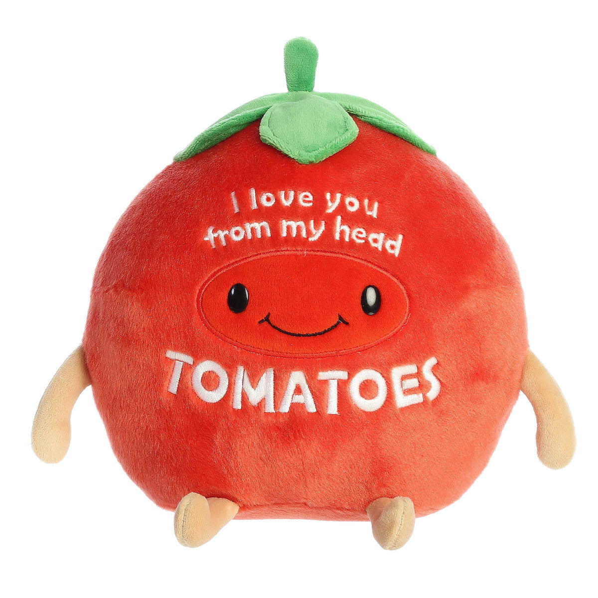 Cute tomato plush toy with a bright red body, green stem crown, and "I love you from my head TOMATOES!" pun written across