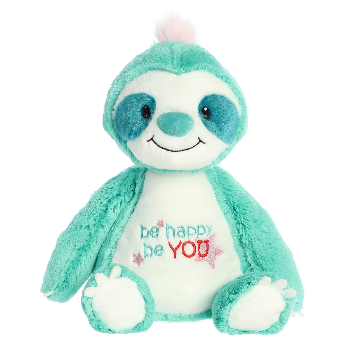Cute quirky sloth plush toy with a white body and bright blue fur, smiling face, and a "be happy, be YOU" pun written across