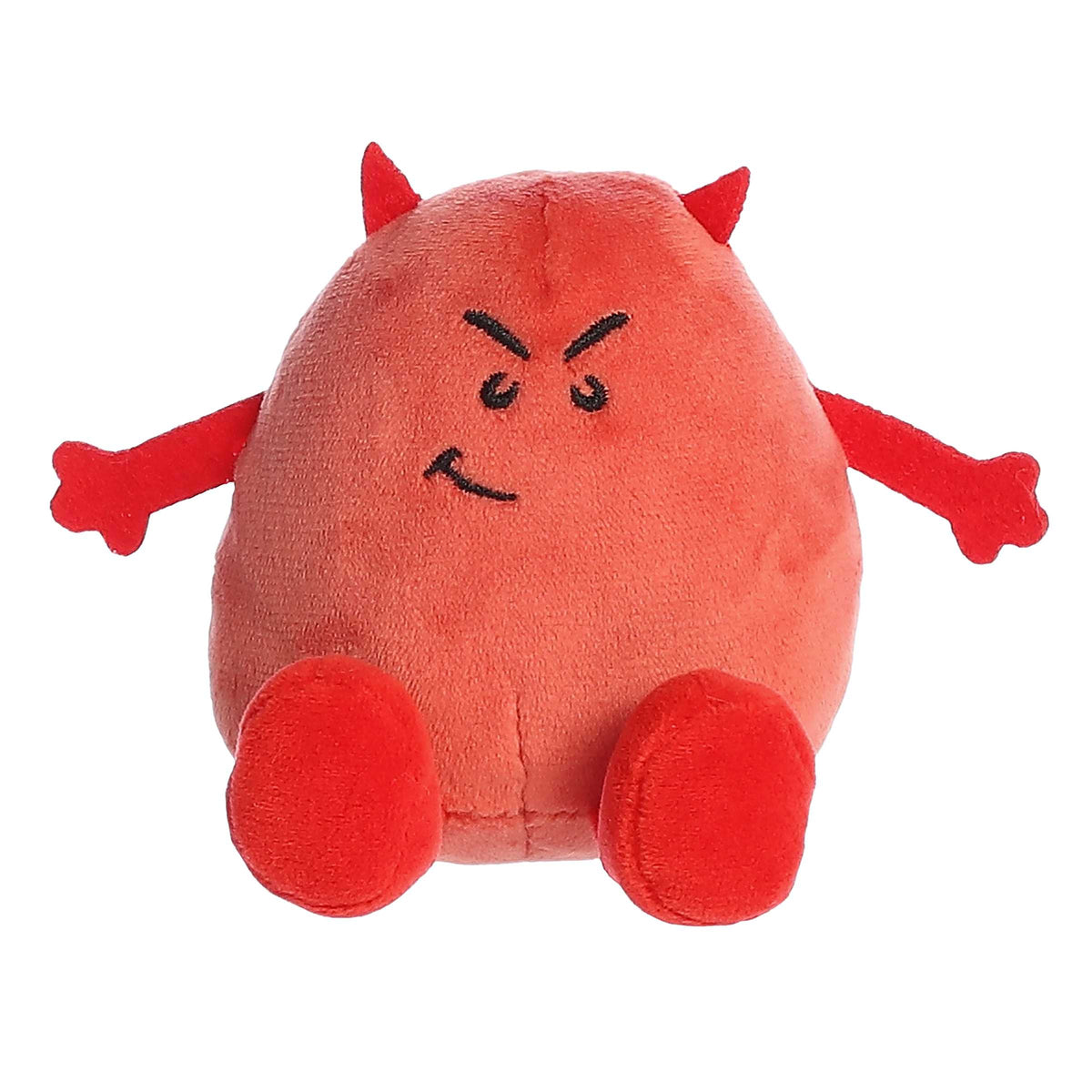 Witty egg plush toy with a red body and pointy red horns and tail, and a "Deviled Egg" expression written on its back
