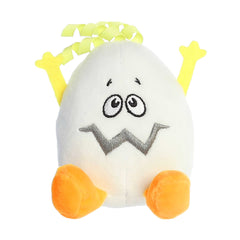 Witty egg plush toy with a white and yellow body, yellow ribbon hair, and a "Scrambled Egg" expression written on its back