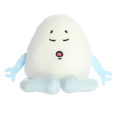 Cute egg plush toy with a white and blue body, sitting in a yoga position, and a "Ohmmm-let" expression written on its back