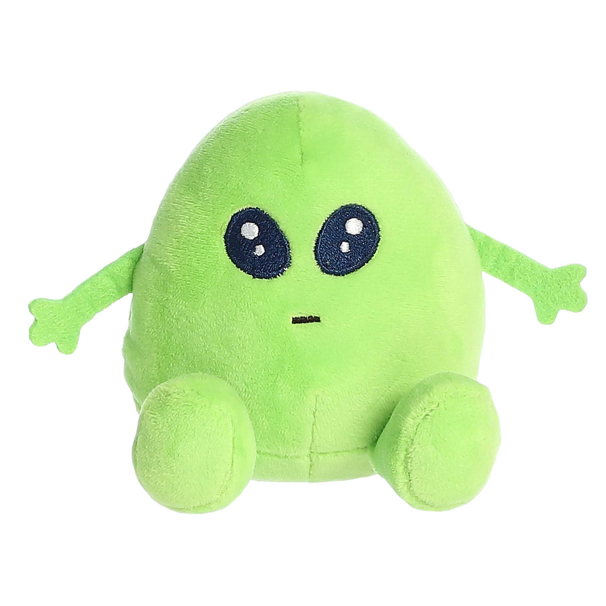 Quirky egg plush toy with a lime green body, alien-like eyes, and an "Eggstra-terrestrial" expression written on its back
