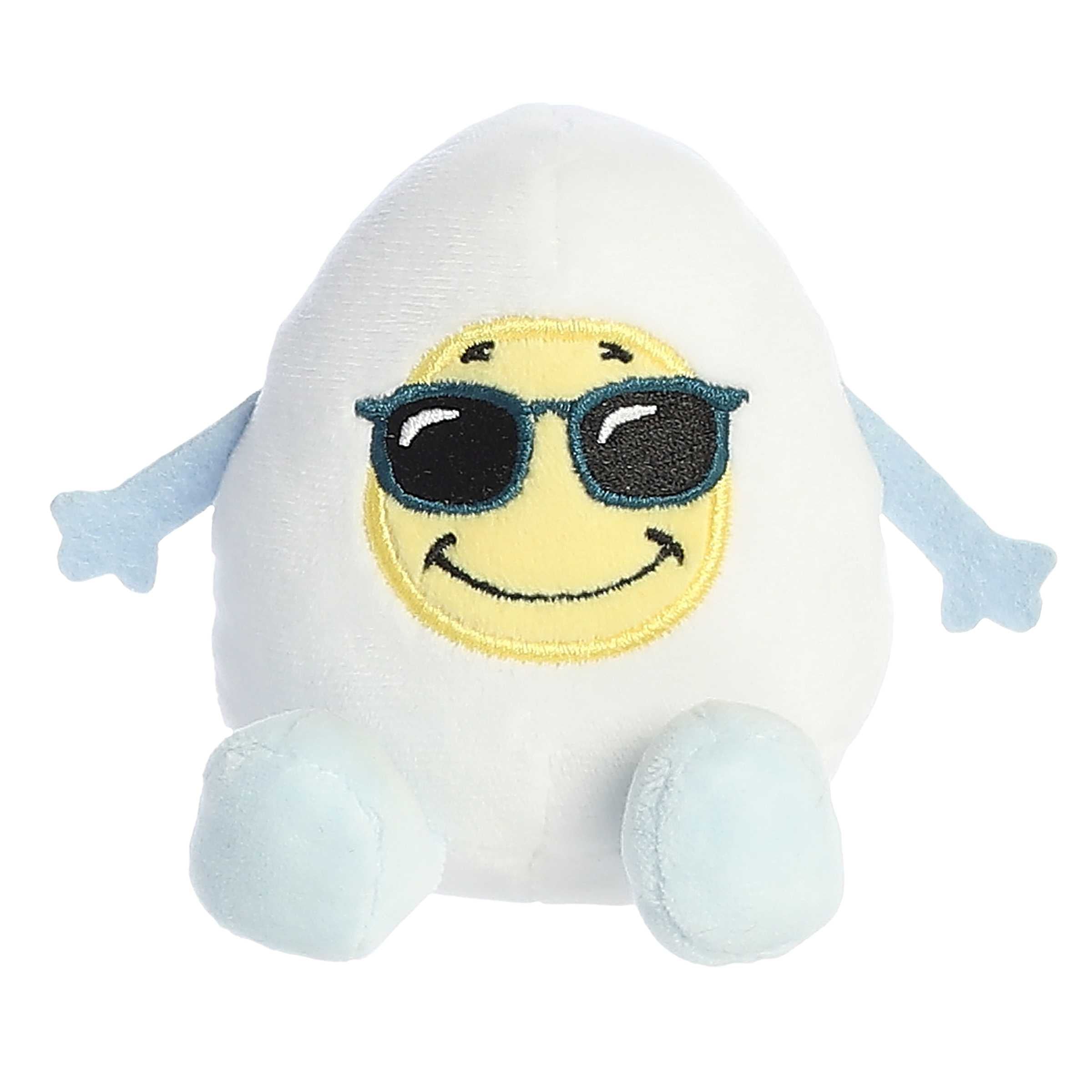 Cute egg plushie with a white and blue body, yolk face wearing glasses, and a "Sunny Side Up" expression written on its back