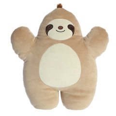 Cuddly sloth plush toy with a light brown body and dark brown fur on head, dark brown accents on its eyes, and a smiling face