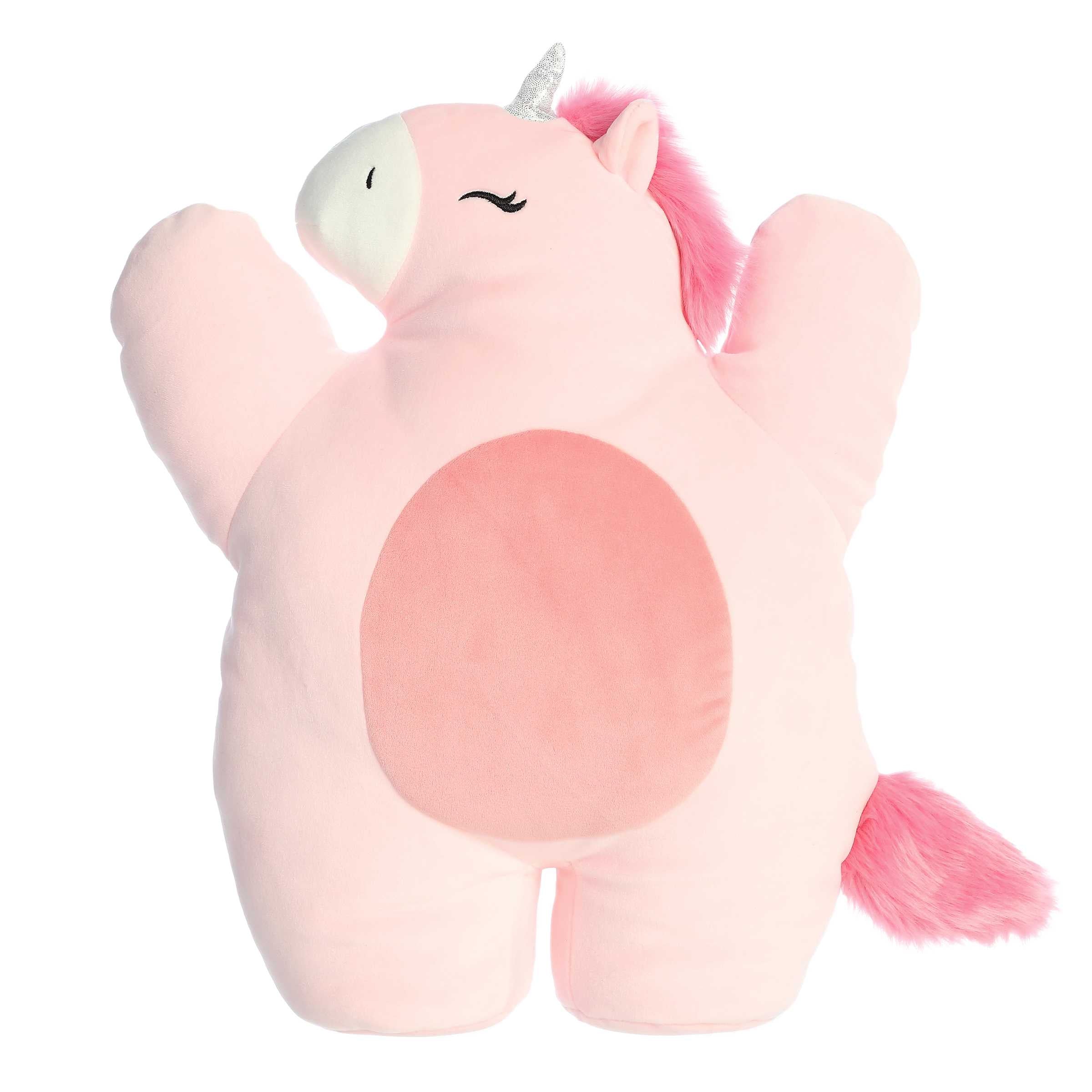 Cuddly unicorn plush toy with a light pink body, dark pink mane and tail, a silver sparkly horn, and black accents on eyes