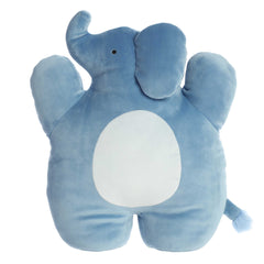 Cuddly soft elephant plush toy with a warm blue body and trunk, light blue design on the center, and round black eyes