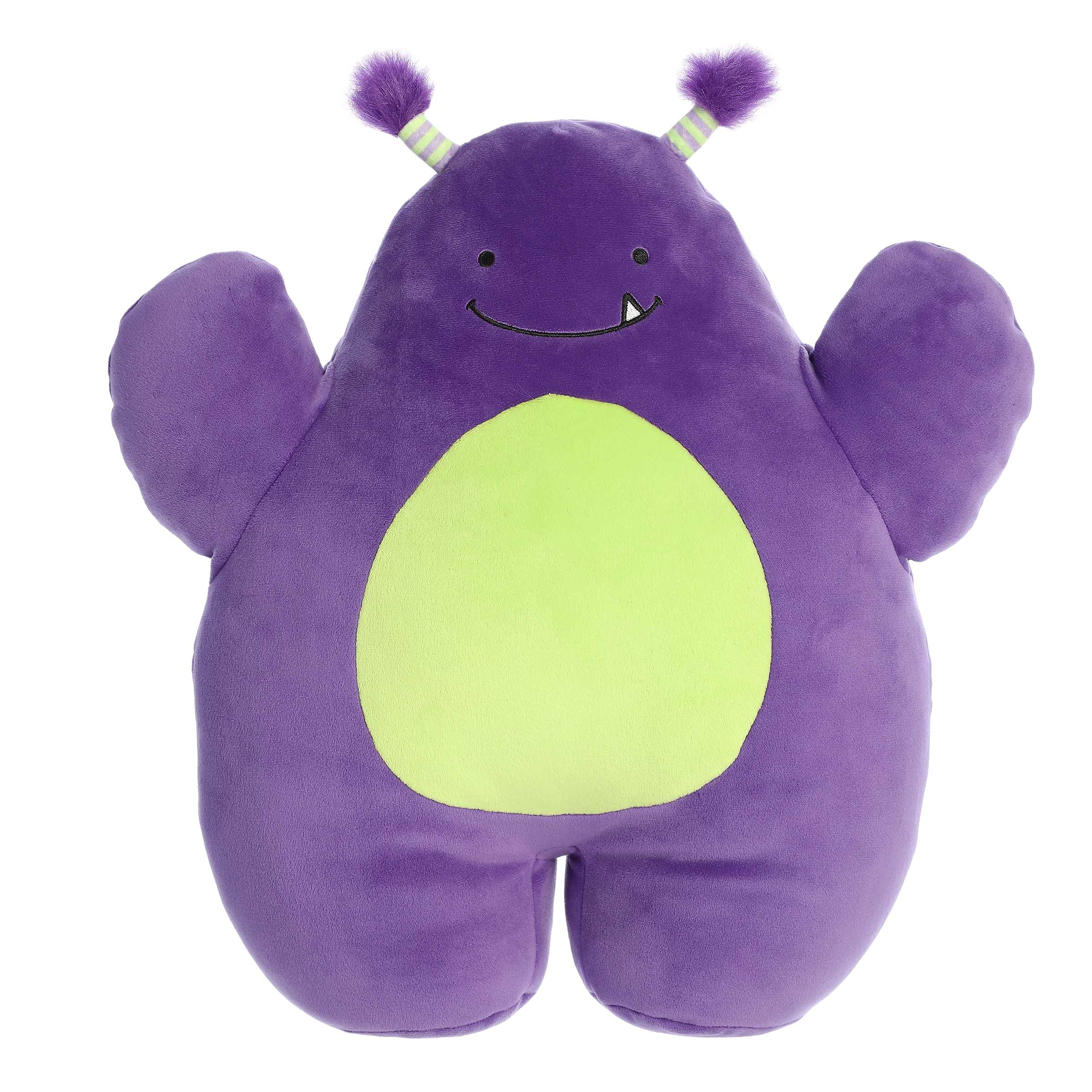 Cuddly soft monster plush toy with purple and green body, fluffy purple horns, and a smiling face with black accents