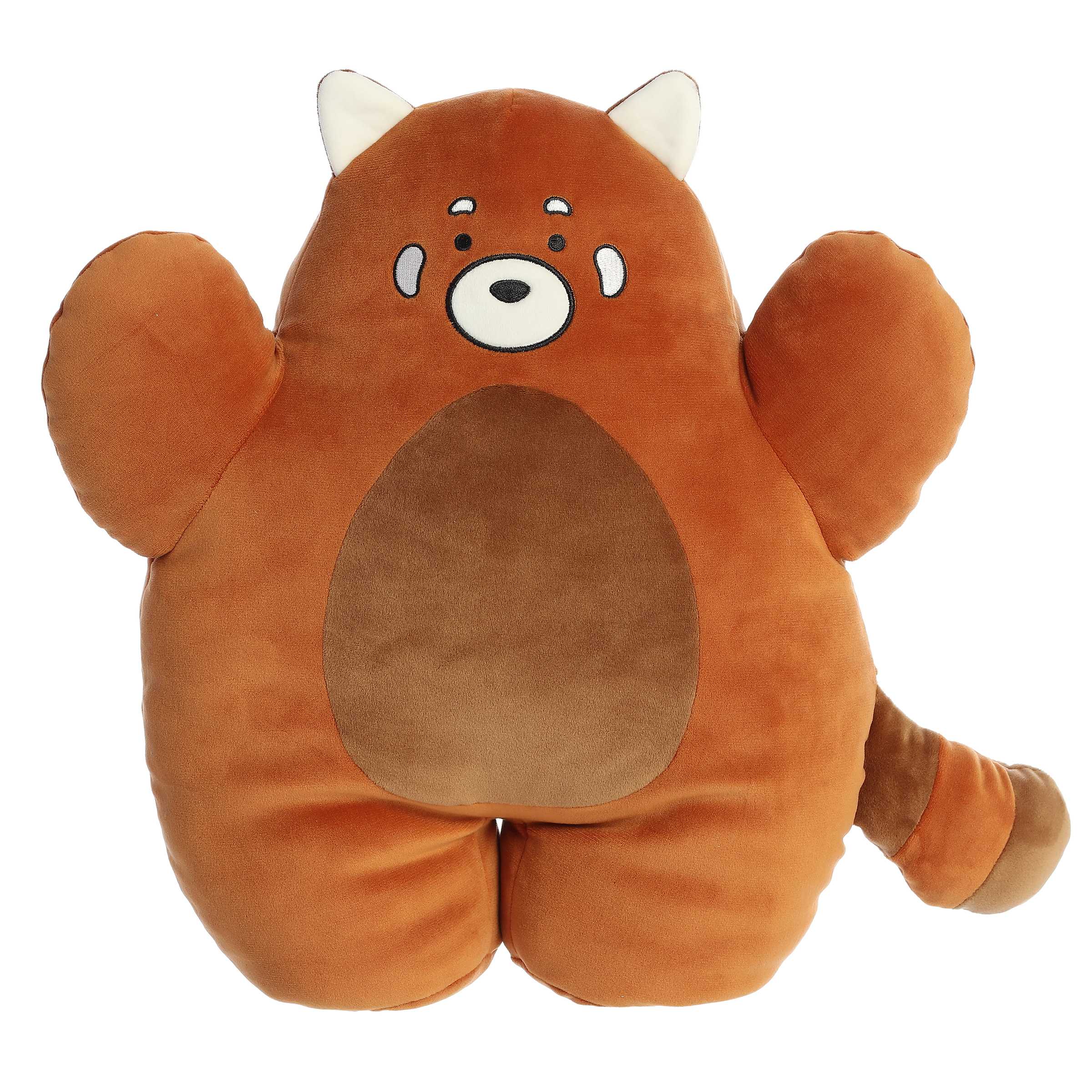Cuddly soft panda plush toy with red-orange body, white accents on ears and face, and brown designs on tail and at the center
