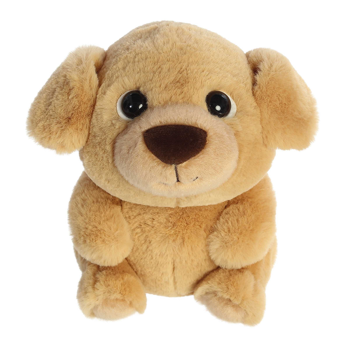 Adorable golden retriever puppy Stuffed animals with soft golden-brown fur, dark brown accents on its nose, and shiny eyes